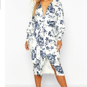 Floral Print Plunge Tie Waist Midi Dress